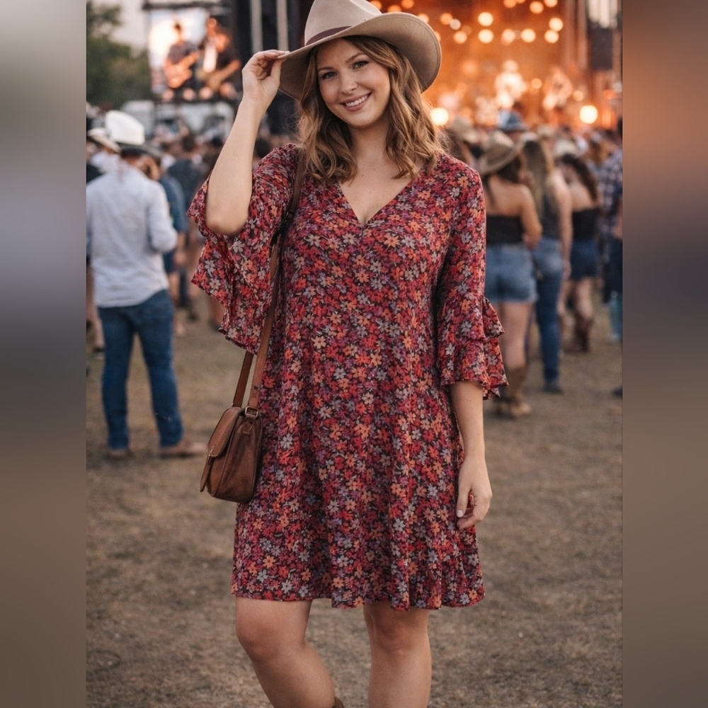 ❤️ Calvin Klein Red Floral V-Neck Flutter Sleeve Dress – Size 6